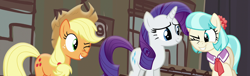 Size: 2364x714 | Tagged: safe, screencap, character:applejack, character:coco pommel, character:rarity, episode:made in manehattan, g4, my little pony: friendship is magic, applejack's damaged hat, merge, scene, wink