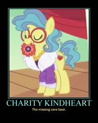 Size: 600x750 | Tagged: safe, screencap, character:charity kindheart, episode:made in manehattan, g4, my little pony: friendship is magic, care bears, charity kindheart, demotivational poster, meme, motivational poster, mouth hold, solo