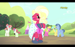 Size: 1280x800 | Tagged: safe, screencap, character:big mcintosh, character:blues, character:cherry berry, character:noteworthy, character:rainberry, character:rainbow stars, character:sunshower raindrops, species:earth pony, species:pony, episode:brotherhooves social, g4, my little pony: friendship is magic, bloomers, clothing, costume, crossdressing, male, not sure if want, orchard blossom, stallion, wat
