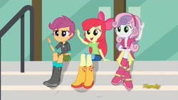 Size: 1280x720 | Tagged: safe, screencap, character:apple bloom, character:scootaloo, character:sweetie belle, species:pegasus, species:pony, equestria girls:friendship games, g4, my little pony:equestria girls, boots, clothing, cute, cutie mark crusaders, grin, open mouth, shorts, sitting, smiling, smirk, waving