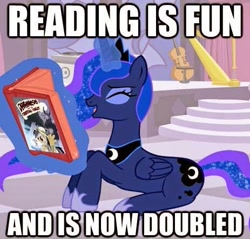 Size: 463x442 | Tagged: safe, screencap, character:daring do, character:princess luna, image macro, meme, read, reading, the fun has been doubled
