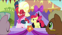 Size: 1920x1080 | Tagged: safe, screencap, character:apple bloom, character:big mcintosh, character:meadow song, character:tender brush, species:earth pony, species:pony, episode:brotherhooves social, g4, my little pony: friendship is magic, bloomers, crossdressing, female, filly, male, mare, orchard blossom, stallion