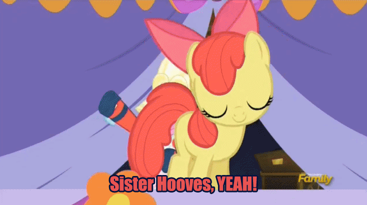 Size: 734x410 | Tagged: safe, screencap, character:apple bloom, character:big mcintosh, character:meadow song, character:tender brush, species:earth pony, species:pony, episode:brotherhooves social, g4, my little pony: friendship is magic, adam's apple, animated, clothing, crossdressing, male, orchard blossom, panties, power slide, singing, sisterhood, stallion, subtitles, underwear