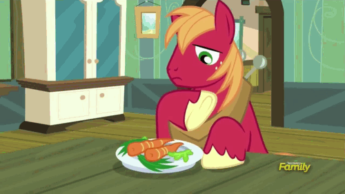 Size: 500x281 | Tagged: safe, screencap, character:big mcintosh, species:pony, episode:brotherhooves social, g4, my little pony: friendship is magic, animated, carrot, discovery family, discovery family logo, eyebrow wiggle, lettuce, plate, silly, silly pony, solo, vegetables, walrus