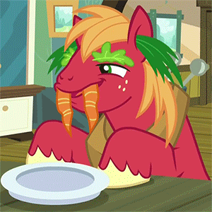 Size: 300x300 | Tagged: safe, screencap, character:big mcintosh, species:earth pony, species:pony, episode:brotherhooves social, g4, my little pony: friendship is magic, animated, carrot, eyebrow wiggle, eyebrows, lettuce, loop, male, plate, smirk, solo, stallion