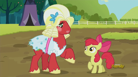 Size: 568x318 | Tagged: safe, screencap, character:apple bloom, character:big mcintosh, species:earth pony, species:pony, episode:brotherhooves social, g4, my little pony: friendship is magic, animated, animation error, caught, clothing damage, crossdressing, discovery family, discovery family logo, floppy ears, frown, male, orchard blossom, raised hoof, smiling, stallion, uh oh, wardrobe malfunction, wide eyes