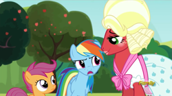 Size: 1077x604 | Tagged: safe, screencap, character:big mcintosh, character:rainbow dash, character:scootaloo, species:earth pony, species:pegasus, species:pony, episode:brotherhooves social, g4, my little pony: friendship is magic, bloomers, clothing, crossdressing, dress, makeup, male, orchard blossom, stallion, wig