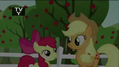 Size: 480x270 | Tagged: safe, screencap, character:apple bloom, character:applejack, species:earth pony, species:pony, episode:brotherhooves social, g4, my little pony: friendship is magic, adorabloom, animated, applejack's hat, bipedal, bow, clothing, cowboy hat, cute, discovery family logo, female, filly, hair bow, hat, hoofy-kicks, jackabetes, looking at each other, mare, open mouth, raised hoof, raised leg, sisters, tv-y