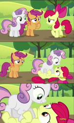 Size: 960x1594 | Tagged: safe, screencap, character:apple bloom, character:scootaloo, character:sweetie belle, species:pegasus, species:pony, episode:brotherhooves social, g4, my little pony: friendship is magic, cutie mark crusaders, grin, on top, pounce