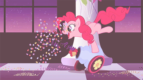 Size: 500x281 | Tagged: safe, screencap, character:pinkie pie, episode:sweet and elite, g4, my little pony: friendship is magic, animated, balloon, confetti, decoration, partillery, party cannon, solo