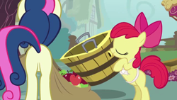 Size: 640x360 | Tagged: safe, screencap, character:apple bloom, character:bon bon, character:sweetie drops, species:pony, episode:call of the cutie, g4, my little pony: friendship is magic, bon butt, female, i didn't put those in my bag, mare, plot