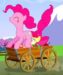 Size: 464x552 | Tagged: safe, screencap, character:apple bloom, character:pinkie pie, species:earth pony, species:pony, episode:too many pinkie pies, g4, my little pony: friendship is magic, cart, cropped, eyes closed, face full of plot, female, filly, mare, out of context