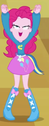 Size: 171x430 | Tagged: safe, screencap, character:pinkie pie, equestria girls:equestria girls, g4, my little pony:equestria girls, clothing, cropped, female, great moments in animation, helping twilight win the crown, lidded eyes, mid-blink screencap, pony ears, raised arms, solo, wondercolts uniform