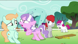 Size: 1920x1080 | Tagged: safe, screencap, character:boysenberry, character:diamond tiara, character:lily longsocks, character:peach fuzz, character:train tracks, episode:crusaders of the lost mark, g4, my little pony: friendship is magic, fence, glasses, little red, ponyville, raised hoof, television logo, tree, wood