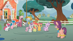 Size: 1911x1075 | Tagged: safe, screencap, character:apple bloom, character:aquamarine, character:button mash, character:cheerilee, character:diamond tiara, character:liquid button, character:pipsqueak, character:scootaloo, character:silver spoon, character:snails, character:snips, character:spoiled rich, character:super funk, character:sweetie belle, character:twist, species:earth pony, species:pegasus, species:pony, episode:crusaders of the lost mark, g4, my little pony: friendship is magic, colt, cutie mark crusaders, female, little red, male, mare, plot