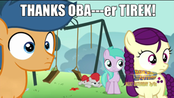 Size: 960x540 | Tagged: safe, screencap, character:aura, character:boysenberry, character:first base, character:lord tirek, character:train tracks, episode:crusaders of the lost mark, g4, my little pony: friendship is magic, dialogue, image macro, meme, thanks obama