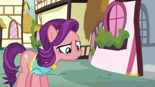 Size: 500x281 | Tagged: safe, screencap, character:diamond tiara, character:spoiled rich, episode:crusaders of the lost mark, g4, my little pony: friendship is magic, animated, balloon, butler, clothing, crushing, discovery family, discovery family logo, maid, raised eyebrow, randolph, shocked, squished, statue