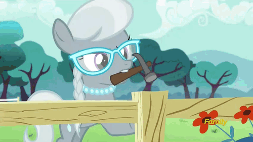 Size: 500x281 | Tagged: safe, screencap, character:diamond tiara, character:silver spoon, episode:crusaders of the lost mark, g4, my little pony: friendship is magic, animated, discovery family, discovery family logo, double dubs, dubs, fence, flower, get, hammer, index get, triple dubs