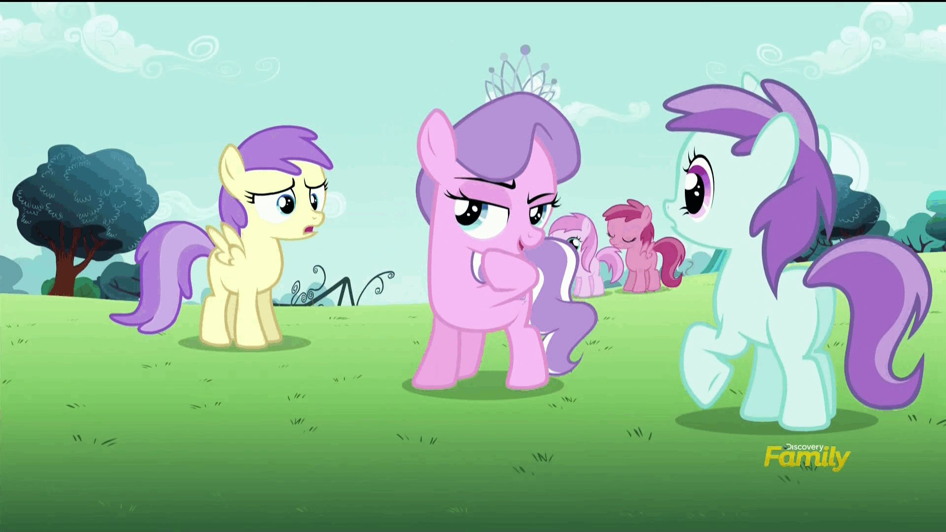 Size: 1920x1080 | Tagged: safe, screencap, character:alula, character:cupid, character:diamond tiara, character:liza doolots, character:petunia, character:piña colada, character:pluto, character:ruby pinch, character:tootsie flute, episode:crusaders of the lost mark, g4, my little pony: friendship is magic, animated, cupid (character), evil, loop, rubbing, shifty eyes