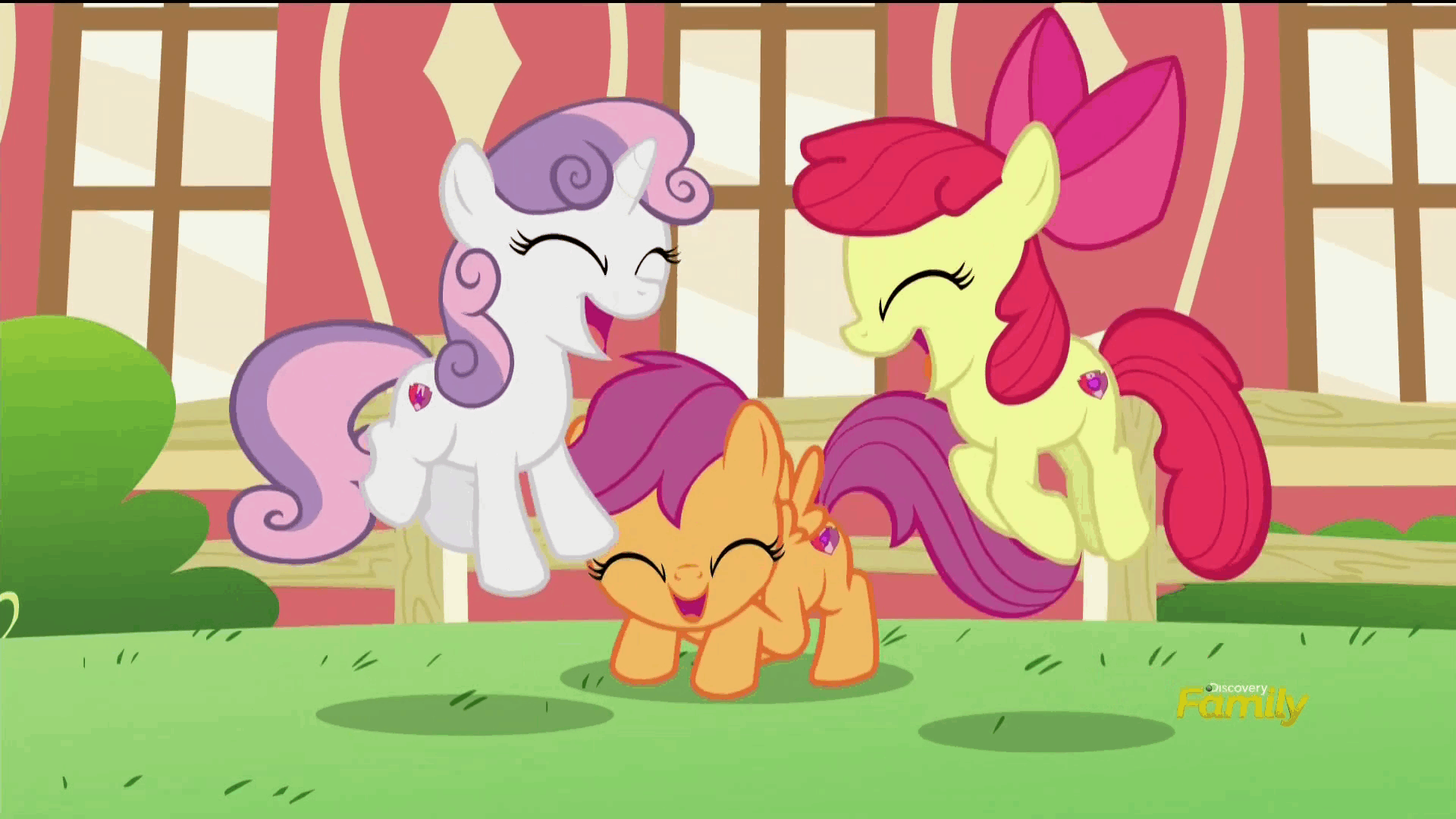Size: 1920x1080 | Tagged: safe, screencap, character:apple bloom, character:scootaloo, character:sweetie belle, species:pegasus, species:pony, episode:crusaders of the lost mark, g4, my little pony: friendship is magic, adorabloom, animated, backwards cutie mark, cute, cutealoo, cutie mark crusaders, diasweetes, eyes closed, good end, happy, happy ending, it happened, jumping, open mouth, pronking, smiling, the cmc's cutie marks