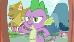 Size: 1366x768 | Tagged: safe, screencap, character:spike, species:dragon, hub logo, male, solo, youtube caption, youtube link
