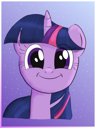 Size: 3456x4608 | Tagged: safe, artist:calinou, manebooru original, character:twilight sparkle, character:twilight sparkle (unicorn), species:pony, species:unicorn, g4, license:cc0, cute, eye clipping through hair, gradient background, krita, looking at you, smiling, smiling at you, sparkles, twiabetes