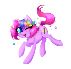 Size: 2387x2297 | Tagged: safe, artist:confetticakez, oc, oc:techy twinkle, species:pony, species:unicorn, g4, candy, chest fluff, female, konpeito, mare, one eye closed, smiling, solo, white background, wink