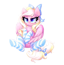 Size: 2281x2313 | Tagged: safe, artist:confetticakez, oc, oc:bay breeze, species:pegasus, species:pony, g4, blushing, bow, clothing, cute, female, lidded eyes, mare, sitting, socks, solo, tail bow, thigh highs, underhoof, white background