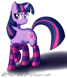 Size: 2395x2800 | Tagged: safe, artist:vertex-the-pony, character:twilight sparkle, clothing, raised hoof, simple background, smiling, socks, solo, striped socks
