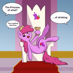 Size: 5906x5906 | Tagged: safe, artist:muffinkarton, character:berry punch, character:berryshine, absurd resolution, cheek fluff, chest fluff, drink, drinking, ear fluff, leg fluff, offscreen character, princess, solo, throne, throne room