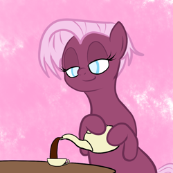 Size: 1000x1000 | Tagged: safe, artist:bennimarru, character:jasmine leaf, species:earth pony, species:pony, episode:discordant harmony, g4, my little pony: friendship is magic, cup, flat colors, food, lidded eyes, simple background, smiling, solo, tea, tea pony, teacup, teapot