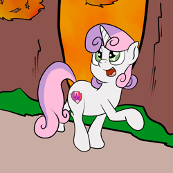 Size: 2500x2500 | Tagged: safe, artist:bennimarru, character:sweetie belle, species:pony, species:unicorn, autumn, cute, female, filly, open mouth, raised hoof, running of the leaves, solo, walking