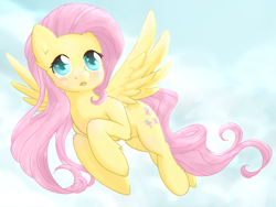 Size: 800x600 | Tagged: safe, artist:tokokami, character:fluttershy, species:pony, blushing, cute, female, flying, looking away, looking up, open mouth, shyabetes, sky, solo, spread wings, wings