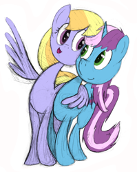 Size: 1572x1977 | Tagged: safe, artist:flowbish, artist:gyrotech, edit, character:cloud kicker, oc, oc:gyro tech, species:pegasus, species:pony, species:unicorn, canon x oc, cloudro, color edit, colored, female, male, mare, shipping, sketch, stallion, straight, traditional art