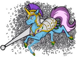 Size: 1587x1173 | Tagged: safe, artist:gyrotech, artist:megsyv, edit, oc, oc only, oc:gyro tech, species:pony, species:unicorn, armor, color edit, colored, jousting, male, solo, stallion, traditional art