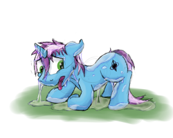 Size: 1280x1024 | Tagged: safe, artist:gyrotech, artist:kassc, edit, oc, oc only, oc:gyro tech, species:pony, species:unicorn, color edit, colored, male, post-vore, sketch, slime, solo, stallion