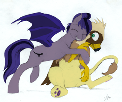 Size: 2617x2173 | Tagged: safe, artist:gyrotech, artist:silfoe, edit, oc, oc only, oc:inky, oc:serilde, species:bat pony, species:griffon, species:pony, bat pony oc, color edit, colored, cute, eyes closed, female, frown, griffon oc, grin, hair bun, hape, hug, inkrilde, lesbian, paw pads, paws, personal space invasion, raised leg, shipping, simple background, sitting, smiling, spread wings, underpaw, white background, wide eyes, wings