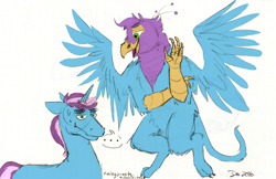 Size: 2526x1634 | Tagged: safe, artist:gyrotech, artist:kairyu, edit, oc, oc only, oc:gyro feather, oc:gyro tech, species:griffon, color edit, colored, griffon ponidox, griffonized, self paradox, self ponidox, species swap, spread wings, traditional art, wings