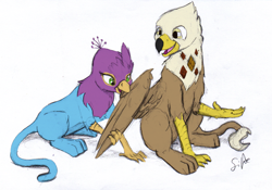 Size: 2307x1615 | Tagged: safe, artist:gyrotech, artist:silfoe, edit, oc, oc only, oc:argyle, oc:gyro feather, oc:gyro tech, species:griffon, argro, behaving like a bird, birds doing bird things, color edit, colored, gay, griffonized, male, open mouth, preening, shipping, sitting, smiling, species swap, traditional art