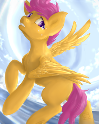 Size: 1600x2000 | Tagged: safe, artist:tokokami, character:scootaloo, species:pegasus, species:pony, cloud, cloudy, crying, flying, sad, scootaloo can't fly, scootasad, solo, wish