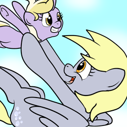 Size: 2000x2000 | Tagged: safe, artist:bennimarru, derpibooru original, character:derpy hooves, character:dinky hooves, species:pegasus, species:pony, species:unicorn, duo, duo female, equestria's best mother, female, filly, flying, headcanon, mare, simple background, smiling
