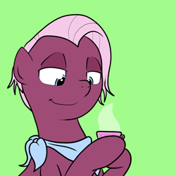 Size: 2000x2000 | Tagged: safe, artist:bennimarru, character:jasmine leaf, species:earth pony, species:pony, g4, cup, flat colors, food, kerchief, lidded eyes, quality, simple background, smiling, solo, tea, teacup