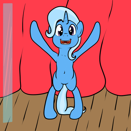 Size: 440x440 | Tagged: safe, artist:bennimarru, derpibooru original, character:starlight glimmer, character:trixie, species:pony, species:unicorn, animated, belly button, bipedal, curtain, cute, diatrixes, duo, female, gif, glass, glimmerbetes, magic show, magic trick, mare, open mouth, smiling, stage