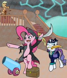 Size: 3000x3500 | Tagged: safe, artist:bennimarru, derpibooru original, character:applejack, character:pinkie pie, character:rarity, bandana, belly button, bipedal, clothing, dagger, hat, knife, lidded eyes, lightning, ocean, one eye closed, open mouth, party cannon, pirate, pirate costume, pirate hat, pirate ship, rain, ripped outfit, rolled up sleeves, smiling, squint, sword, treasure chest, weapon