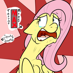 Size: 700x700 | Tagged: safe, artist:bennimarru, character:fluttershy, abstract background, clavicle, crying, fear, flat colors, open mouth, scared, shaking, simple background, solo, sweat, terror