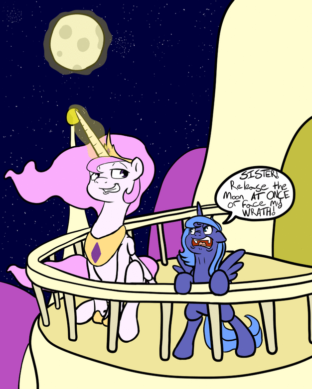 Size: 626x782 | Tagged: safe, artist:bennimarru, character:princess celestia, character:princess luna, species:alicorn, species:pony, angry, animated, female, filly, flat colors, gif, glowing horn, magic, moon, open mouth, pink-mane celestia, smiling, telekinesis, text, trollestia, woona, younger