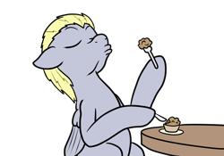 Size: 1000x700 | Tagged: safe, artist:bennimarru, character:derpy hooves, species:pegasus, species:pony, alternate hairstyle, art challenge, eyes closed, female, floppy ears, food, fork, knife, manechat challenge, mare, muffin, silverware, simple background, smug, solo, transparent background