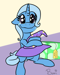 Size: 800x1000 | Tagged: safe, artist:bennimarru, character:trixie, art challenge, clothing, crying, cute, diatrixes, female, filly, flat colors, hat, implied jack pot, manechat challenge, present, simple background, sitting up, smiling, solo, tears of joy, trixie's hat, weapons-grade cute, young, younger
