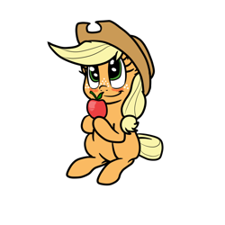 Size: 800x800 | Tagged: safe, artist:bennimarru, character:applejack, species:earth pony, species:pony, apple, applejack's hat, art challenge, blank flank, blushing, clothing, cowboy hat, cute, digital art, female, filly, flat colors, food, freckles, hat, jackabetes, looking up, manechat challenge, simple background, solo, that pony sure does love apples, white background, young, younger