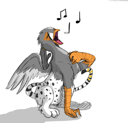 Size: 4000x3824 | Tagged: safe, artist:double-zr-tap, artist:gyrotech, edit, oc, oc only, oc:ruzeth, species:griffon, color edit, colored, griffonized, male, music notes, simple background, singing, solo, species swap, white background